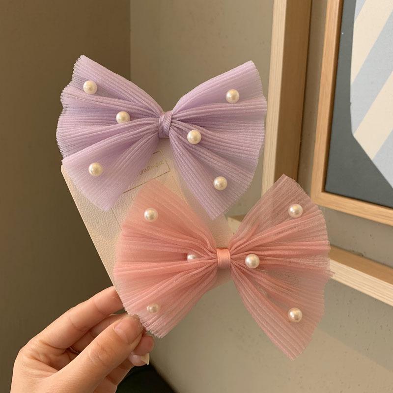 

Korean Seersucker Pearl Bow Hair Clip for Girls - Spring/Summer Accessory