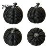 Thanksgiving Festive Table Decor Faux Rattan Resin Pumpkin Figurine, Vintage Distressed Orange Black Farmhouse Tabletop Fall Seasonal Window