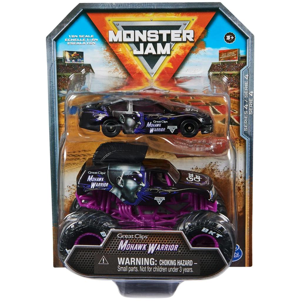 Monster Jam Official 1:64 Scale Diecast Monster Trucks and Race Cars Series 4 Mohawk Warrior, Purple 2-Pack