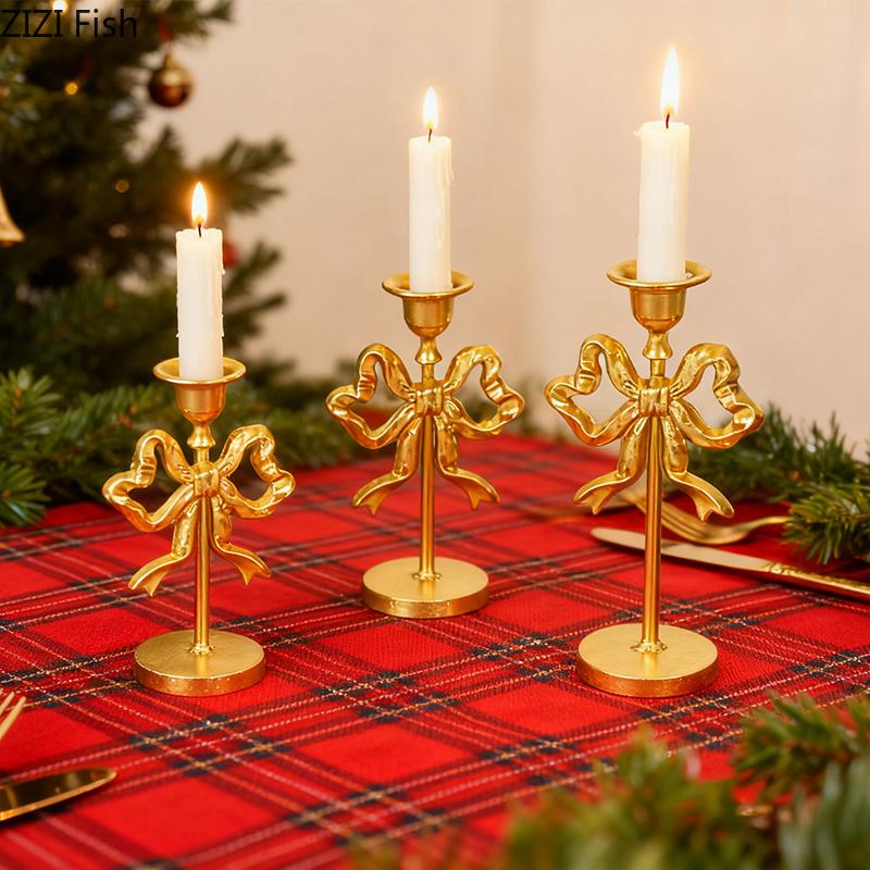 Golden Bowknot Decorative Candle Holder Ornaments Romantic Candlestick Table Decoration Wax Melt Burner Home Aroma Container