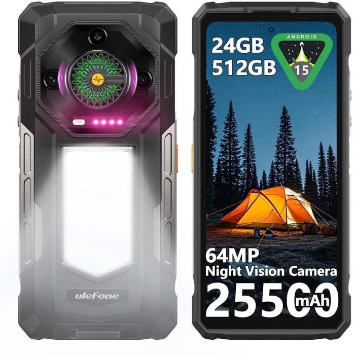 Ulefone Armor 33 Téléphone Portable Incassable 24Go+512Go 6,95" 25500mAh Smartphone Robuste 64MP 118dB Speaker Dural SIM/NFC, Noir