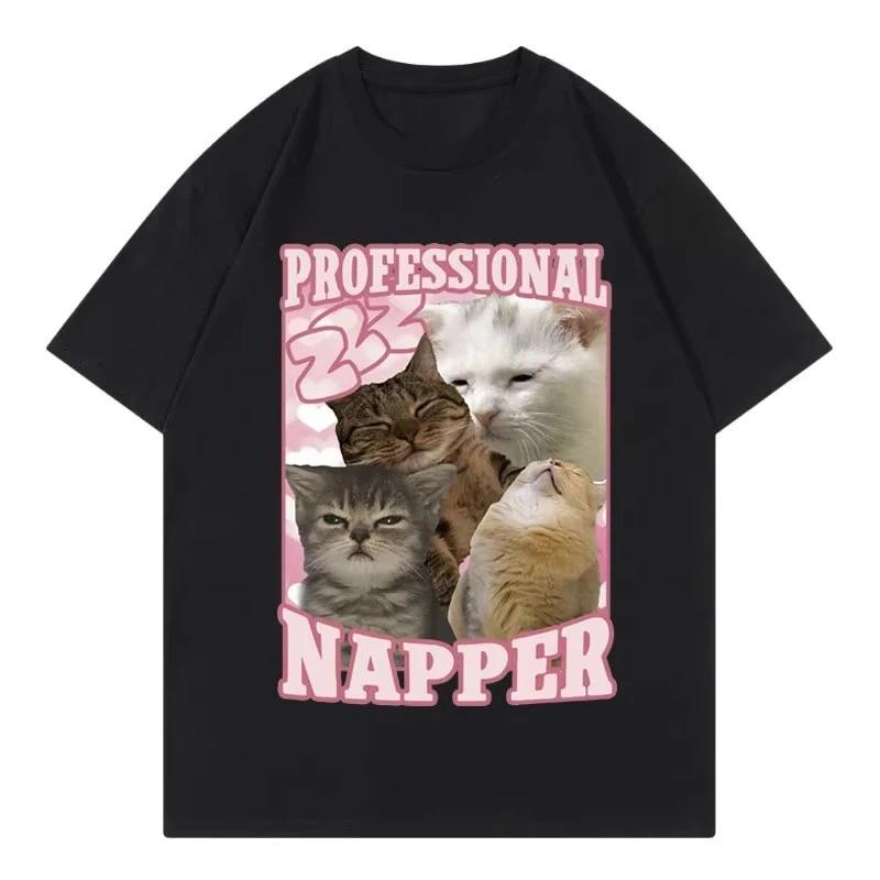 

High Quality Cotton Clothing Tee Shirt Unisex Professional Napper Funny Cat Meme T-shirt Kawaii Fashion Short Sleeve T-shirts S