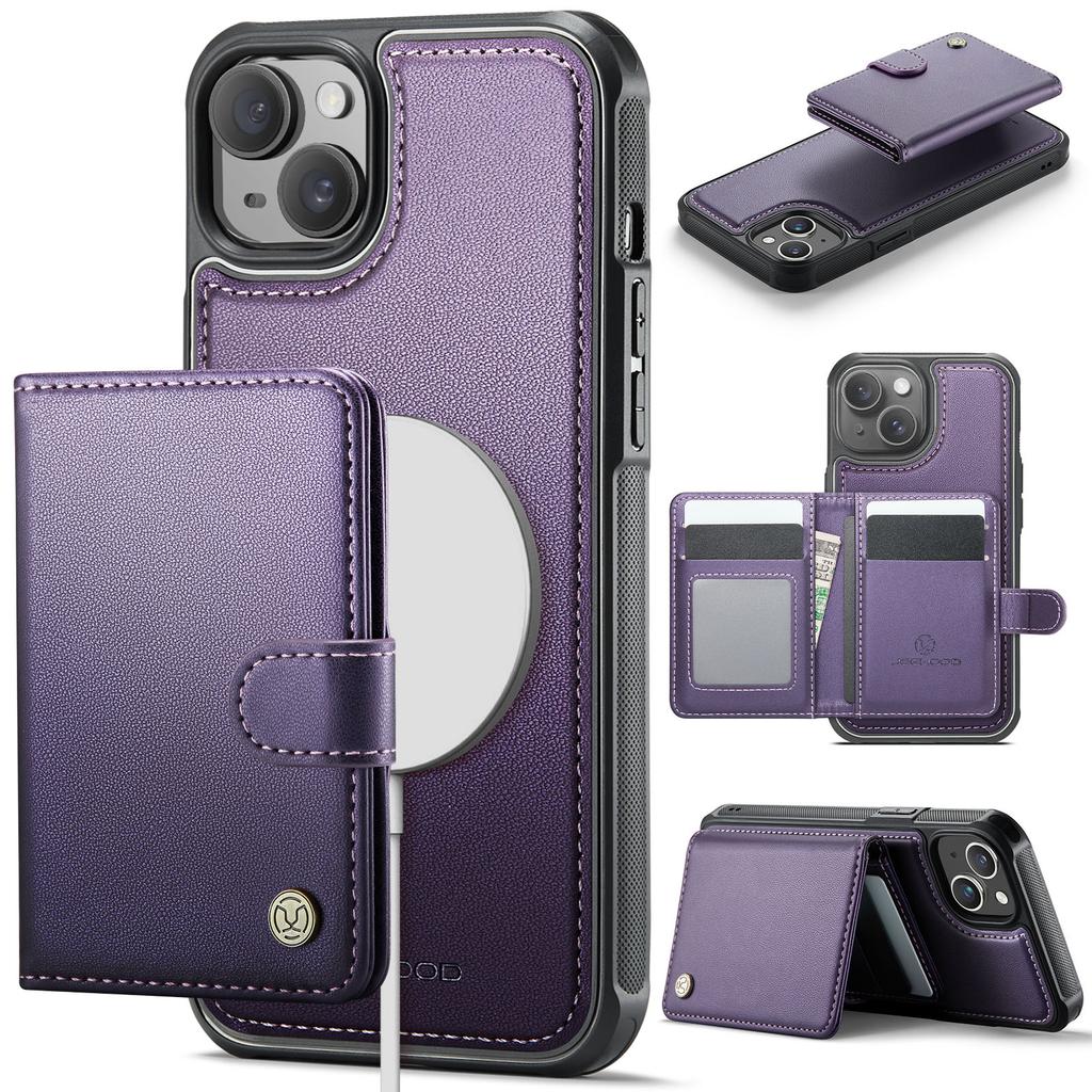 For iPhone 14 Case JEEHOOD J09 RFID Blocking Card Holder Leather Back Phone Cover Compatible with MagSafe