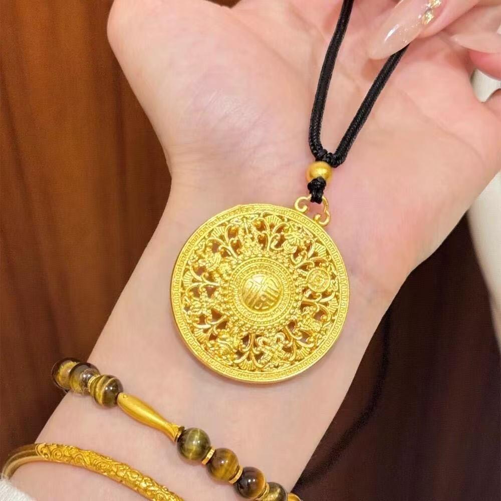 Golden Fu Compass Pendant: Chinese Auspicious Hollow Round Necklace with Black Rope.
