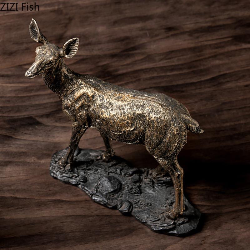 Retro Golden Deer Statue Desk Decoration Creative Crafts Deer Ornaments Artwork Animal Resin Sculpture Room Aesthetic Decor
