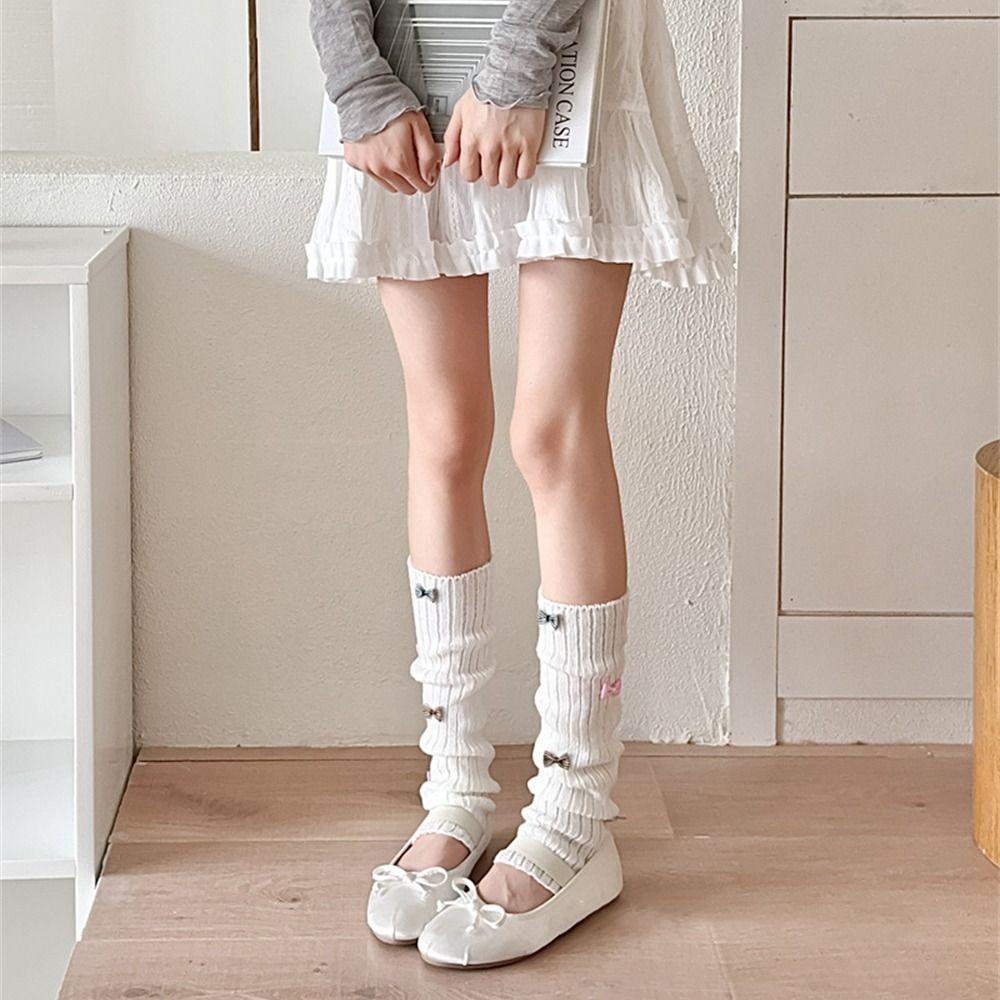 White Knitted Socks Bow Tie Lolita Long Socks Cute Leg Warmer for Women Girls