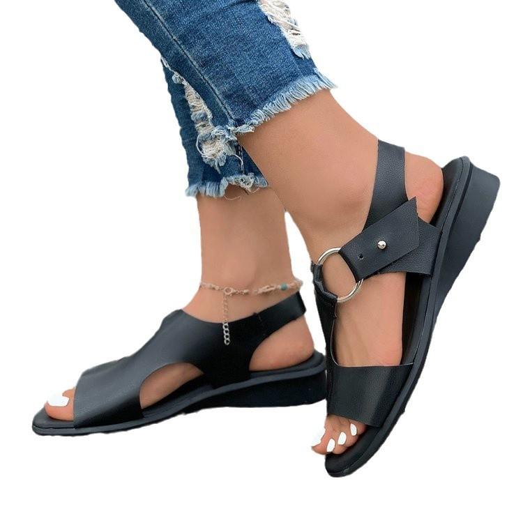 Large size simple ring flat-bottomed fish mouth sandals summer new open-toed beach women's shoes
