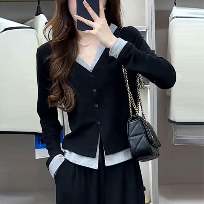 

Button cardigan fake two long-sleeved T-shirt women s autumn slim fit inside and outside short bottoming shirt top XL чёрный