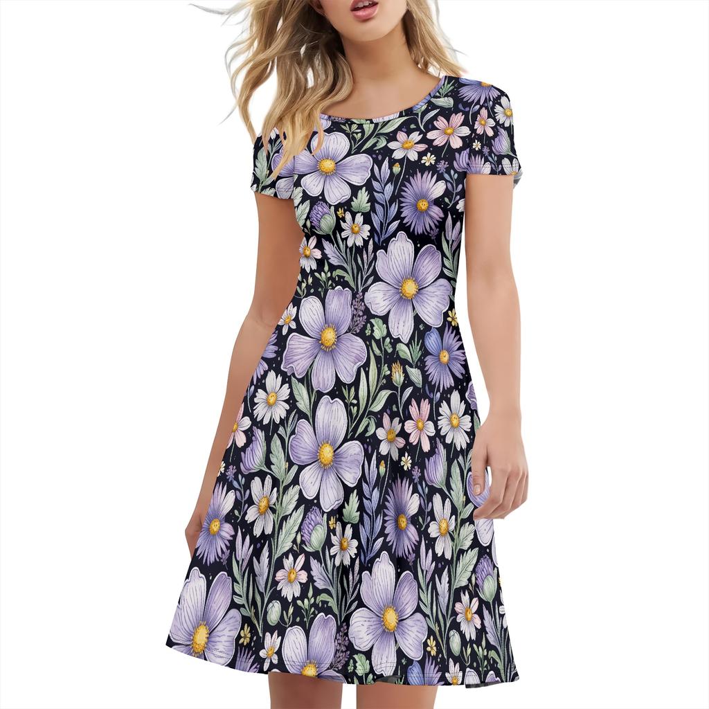 Dámské ležérní letní tričkové šaty s krátkým rukávem, volné šaty, módní styl, univerzální styl, oblečení