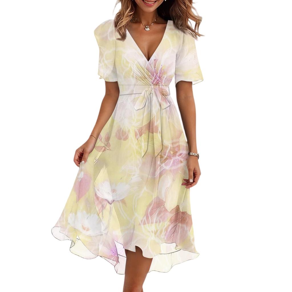 Women's Fashion Casual V Neck Short Sleeve Ruffled Vintage Printed Dresses