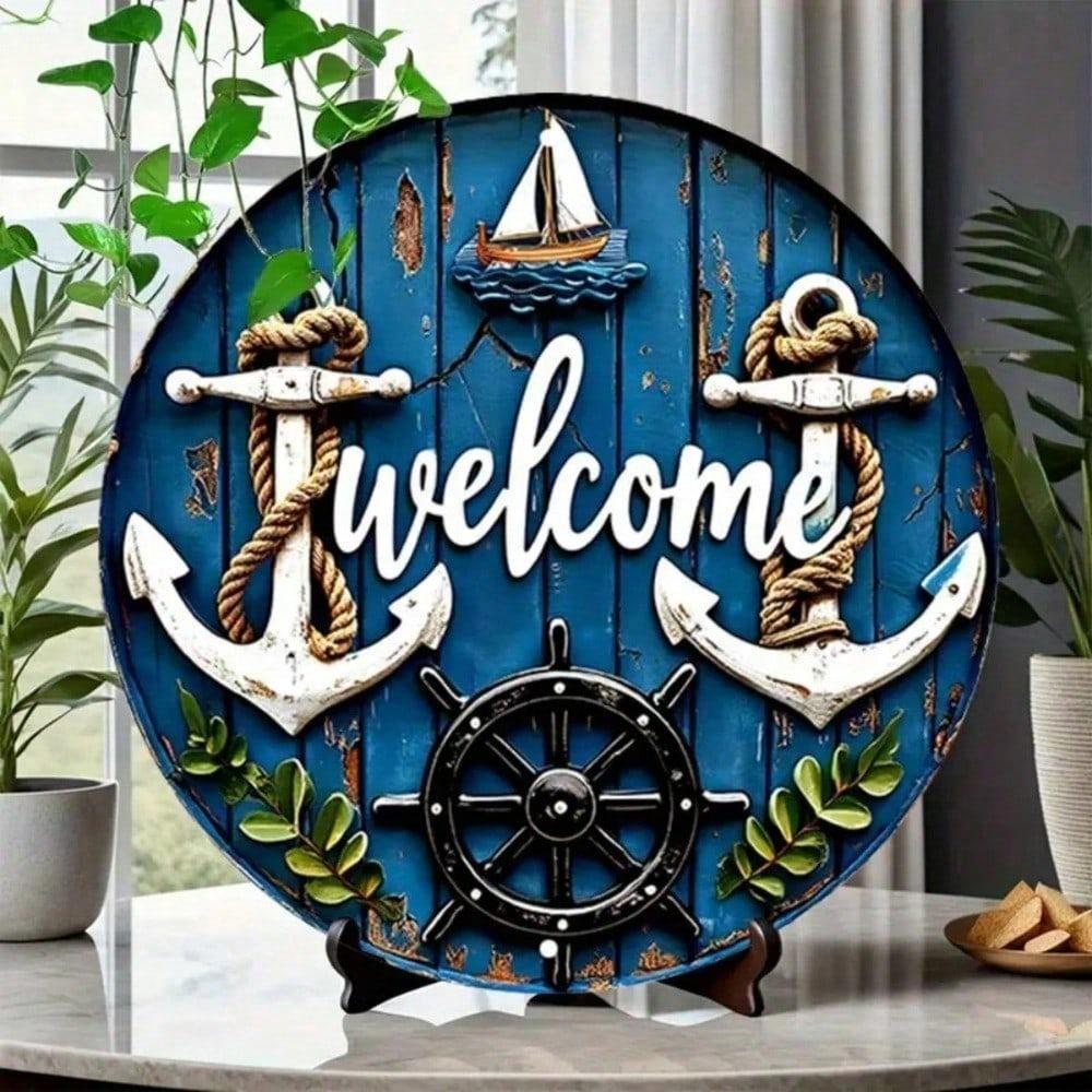 Vintage Nautical Metal Wall Art, 7.8" Round Ship Anchor Sailboat Sign, Coastal Home Decor