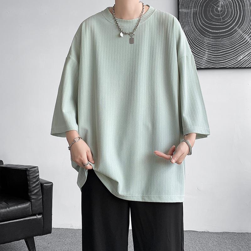 Men's Ice Silk Drape T-Shirt, Short Sleeve, Solid Color, Summer 2023 Trend, Plus Size, Three-Quarter Length.