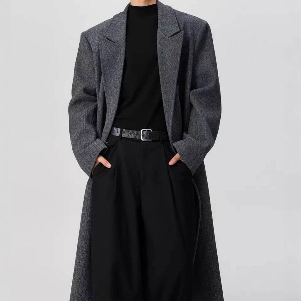 Trendy Men's Three-Button Mid-Length Wool Trench Coat with Padded Shoulders