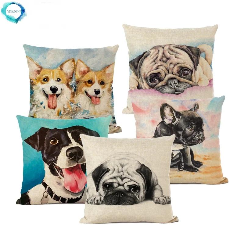 Monika Chen Unisex 45X45cm Hand-Painted Dog Decorative Pillows Cover Cute Bulldog Cushion Cover Linen Pillowcase For Cojines Decorativos Para Sofa