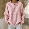 Women Henley Button Neck Fuzzy Knit Sweater Long Sleeve Loose Solid Color Textured Casual Ladies Autumn Winter Pullover