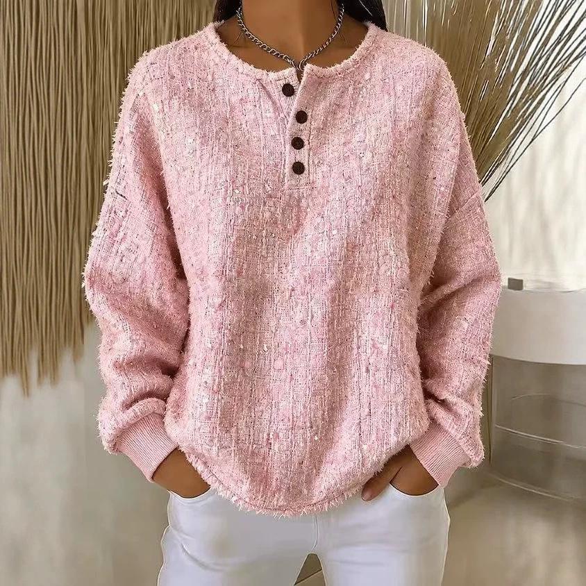 Women Henley Button Neck Fuzzy Knit Sweater Long Sleeve Loose Solid Color Textured Casual Ladies Autumn Winter Pullover