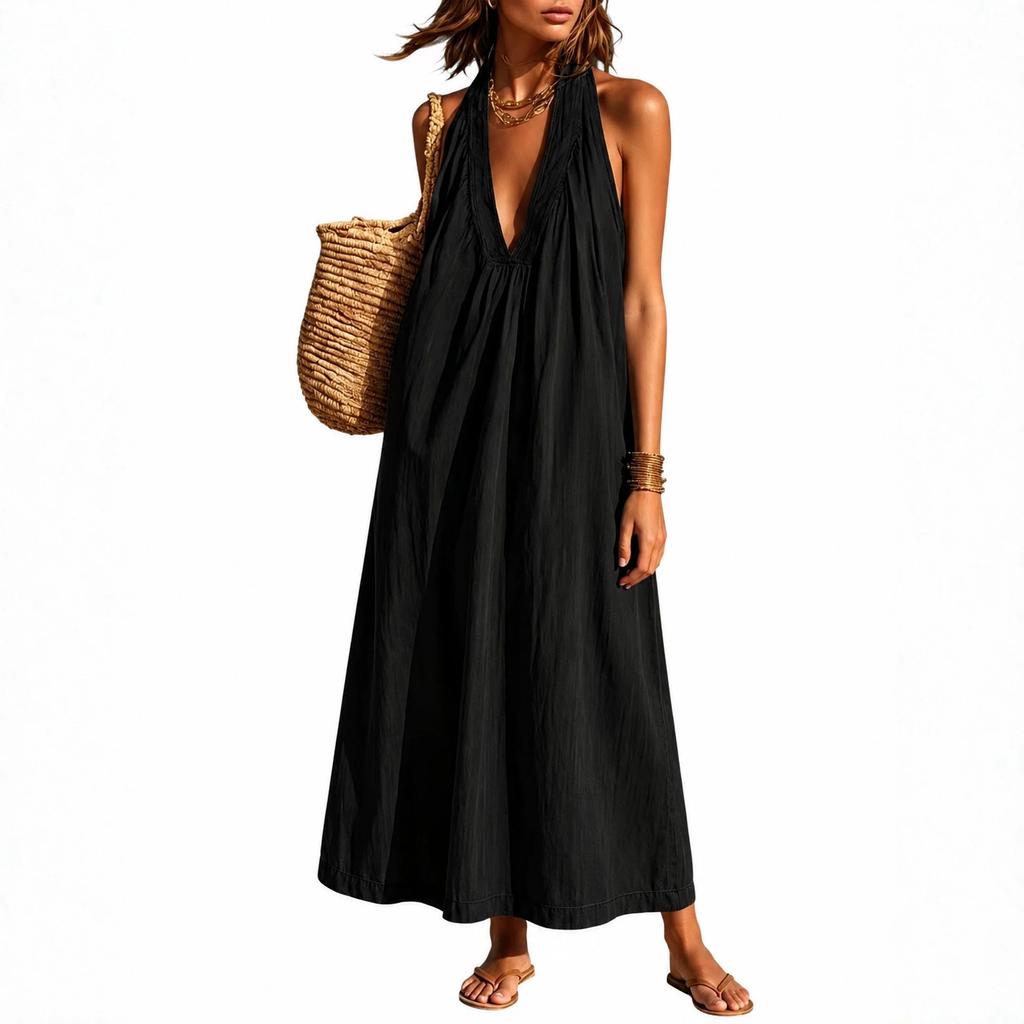 European and American women's clothing cotton and linen V-neck sleeveless long dress vacation wind beach dress