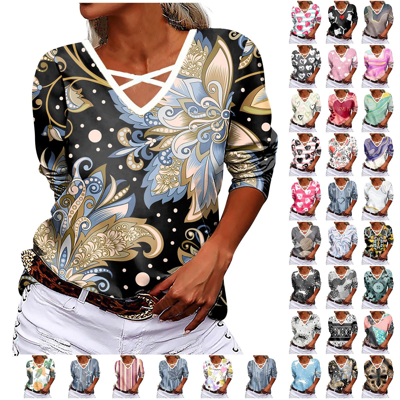 

Женская повседневная футболка с v-образным вырезом и длинным рукавом с перекрестным принтом и принтом