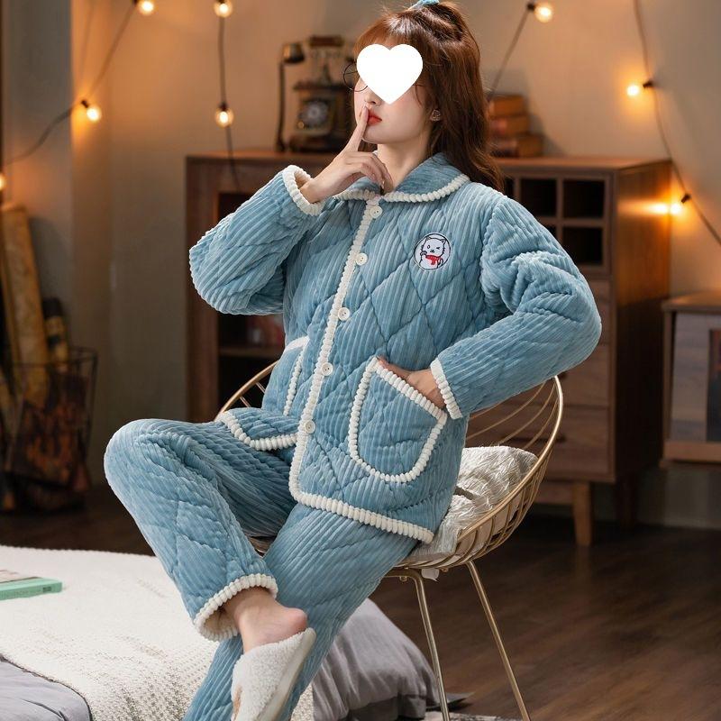 Dámské pyžamo třívrstvé zesílené a roztomilé zimní lze nosit velká velikost teplé polstrované domácí oblečení