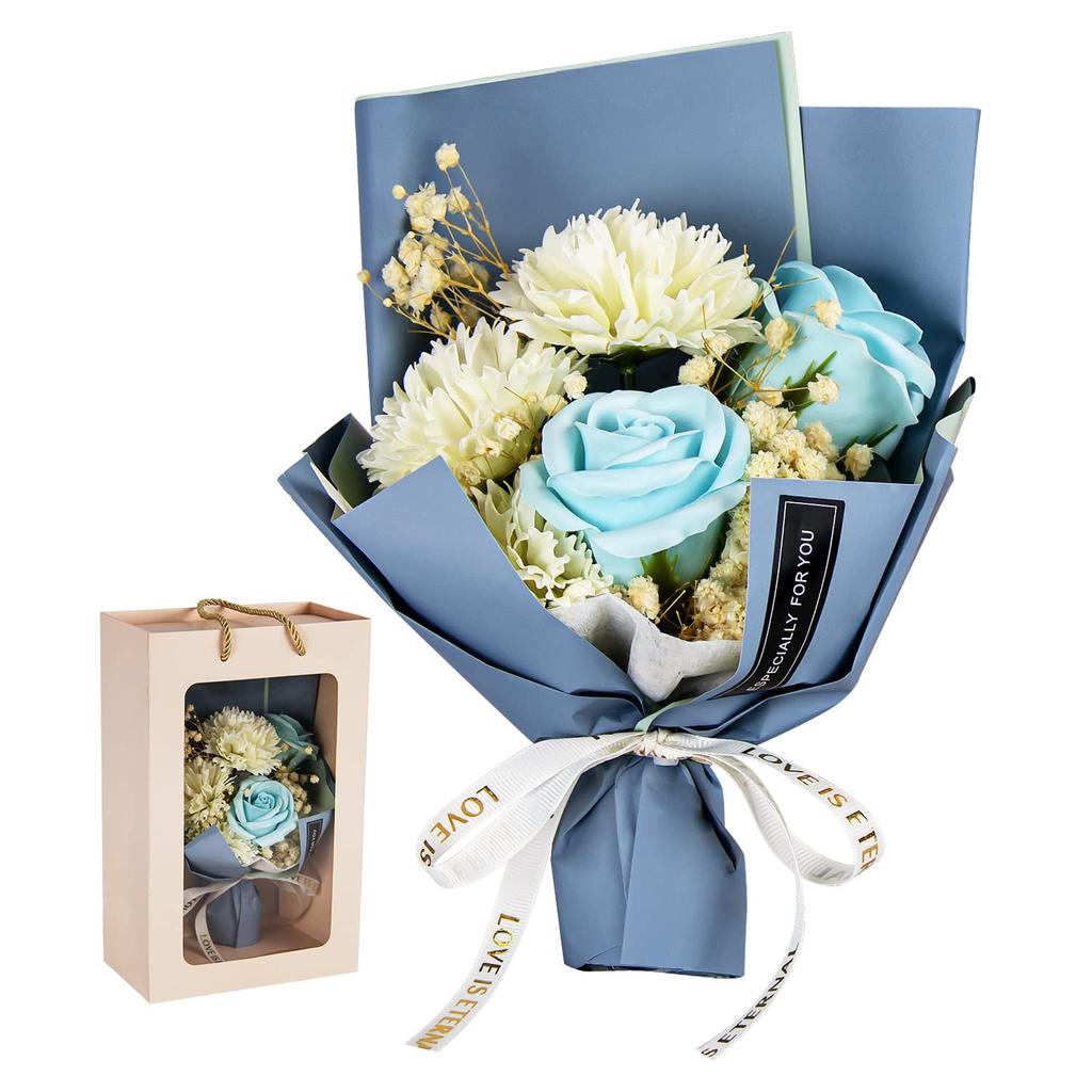 BBICE Soap Flower Bouquet Gift Popular Birthday Present with Handle Never Withers Flowers Gift Clear Box with Message Card for Women Day Day Respect