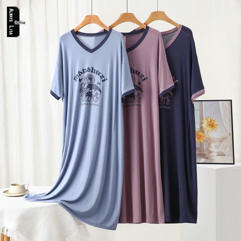 Plus Size Casual V-Neck Letter Print Modal Nightgown - Summer Loose-Fit Short Sleeve Dress