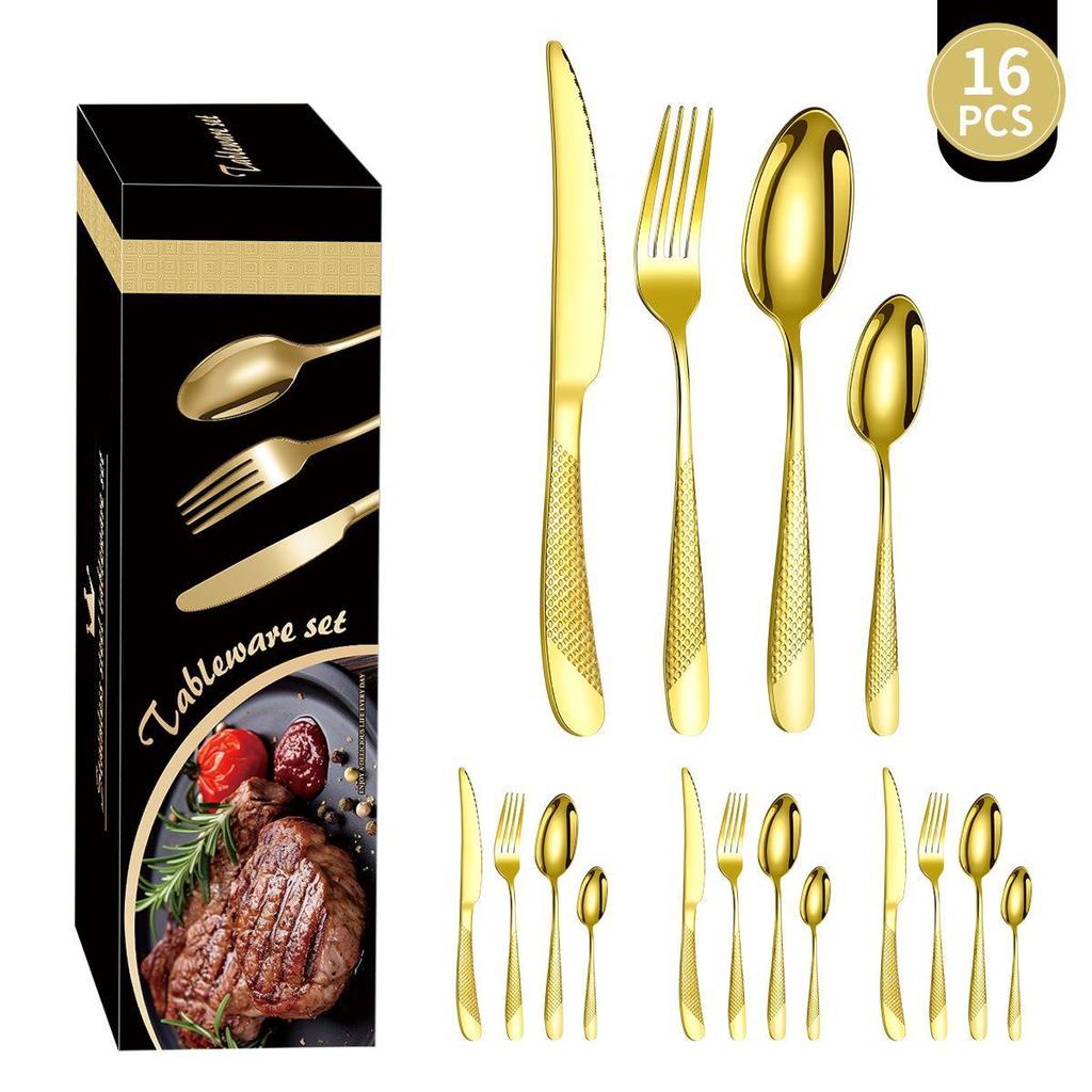 Zestaw 24-częściowej, pozłacanej zastawy stołowej ze stali nierdzewnej o wysokiej wartości: Zestaw noży, widelców i łyżek dla 6 osób, z motywem gwiazdy i diamentu, w pudełku prezentowym.
