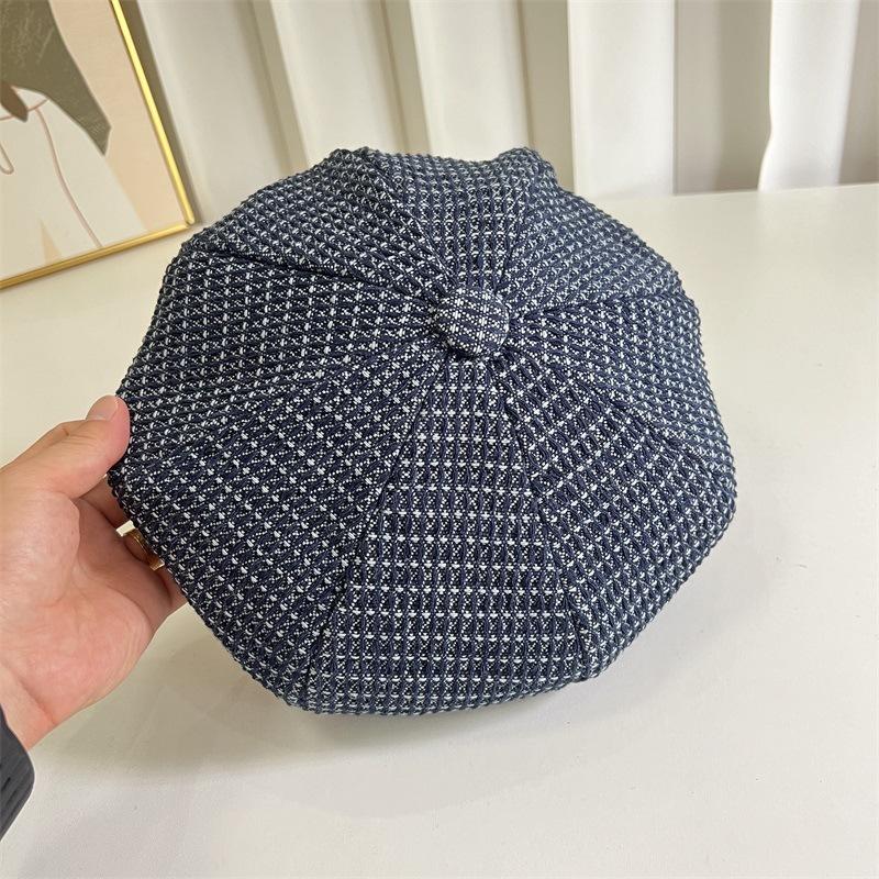 New plaid denim beret women's spring and autumn trend versatile octagonal pumpkin hat couple painter hat
