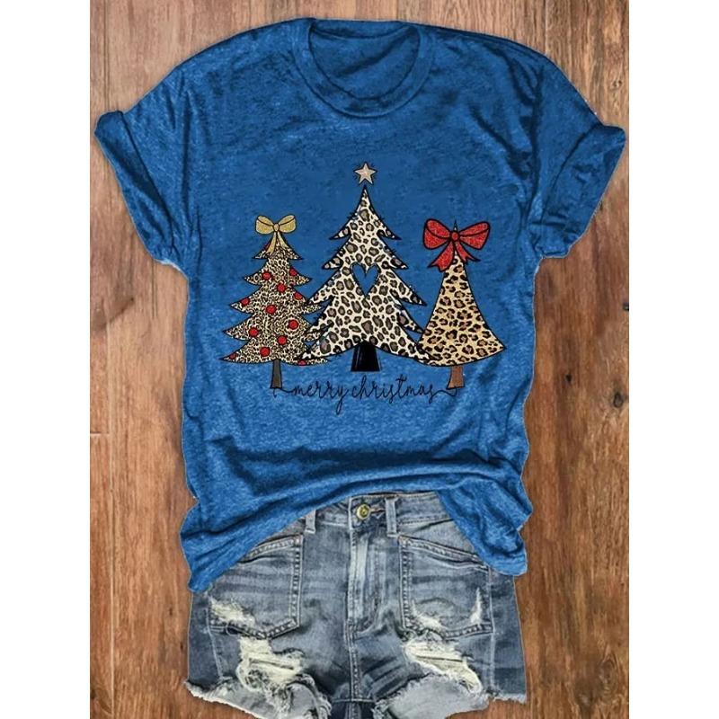Letní dámská trička s krátkým rukávem, módní, ležérní, s 3D potiskem vánočního stromku a kulatým výstřihem