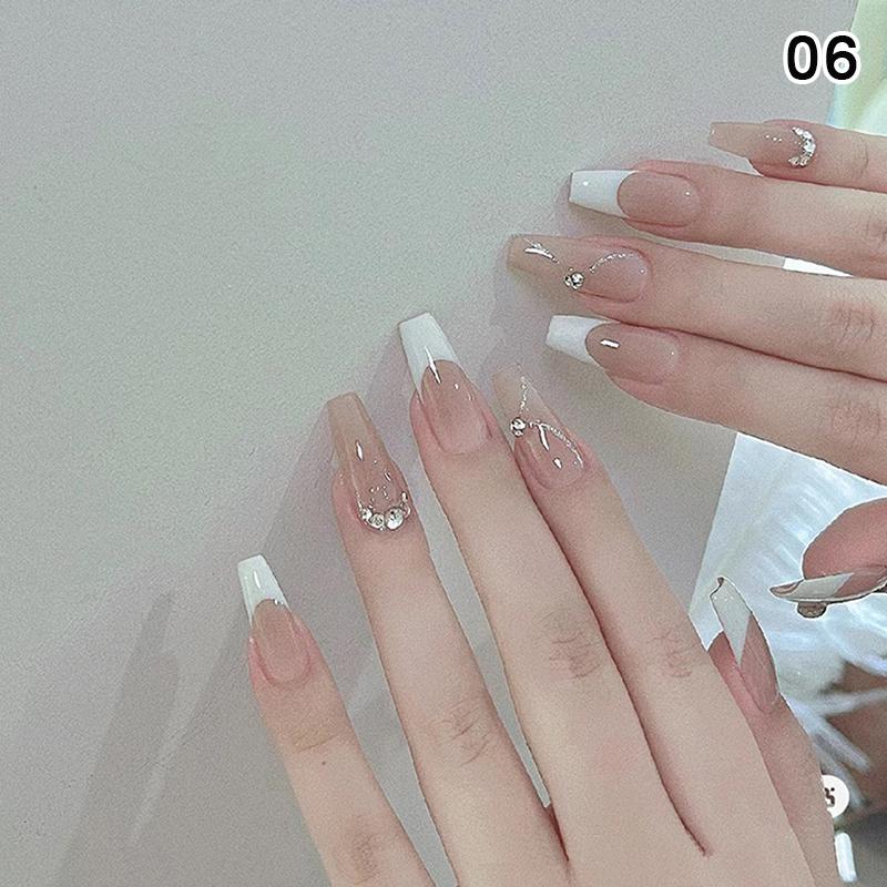 24Pcs Simple Fake Nail With Jelly Glue Butterfly Design Pink White Gradient French Press On False Nails Full Cover Nail Tips