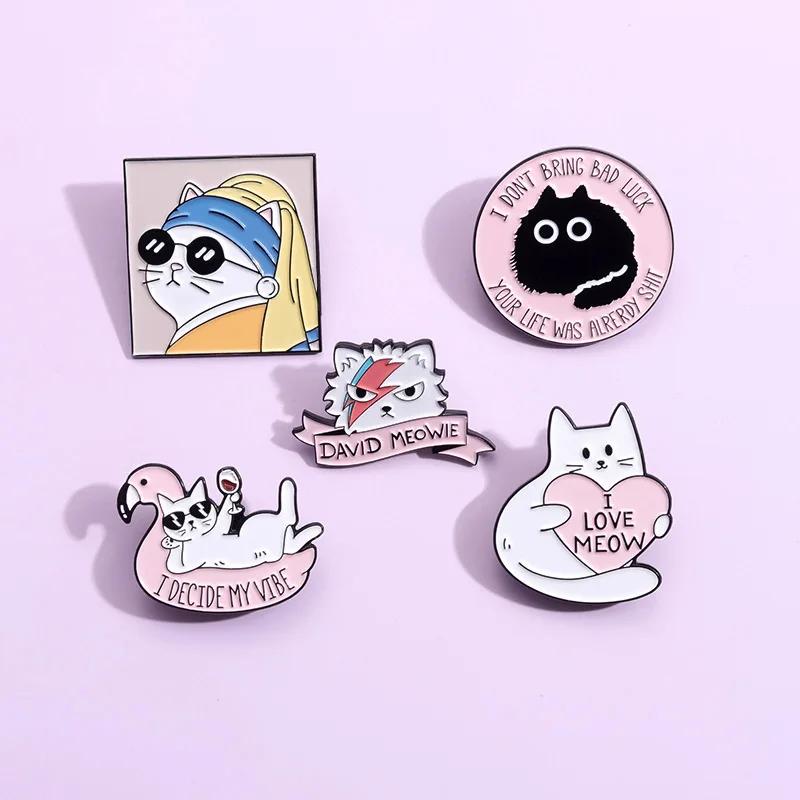 I Love Meow Enamel Pins Custom Oil Painting David Meowie Good Vibe Brooches Lapel Badges Cartoon Animal Fun Jewelry Gift Friends