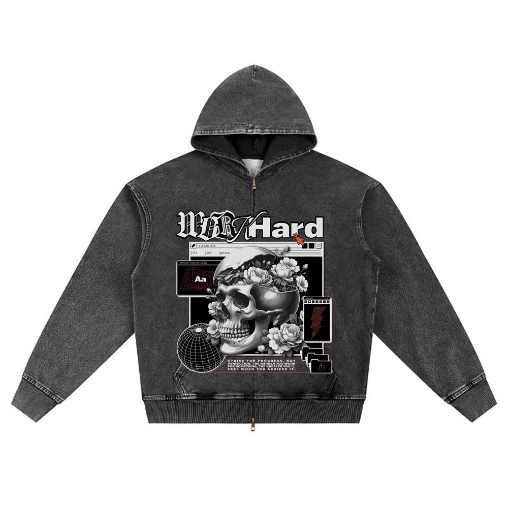 DTG print Knitted Denim Zip-Up Hoodie Work Hard Brother Print Zipper Hoodies  