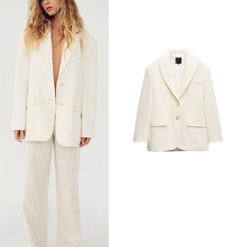 Spring New Women's White Suit Work Clothing Casual Polo Collar Long Sleeves Loose Suit Jacket 5247781