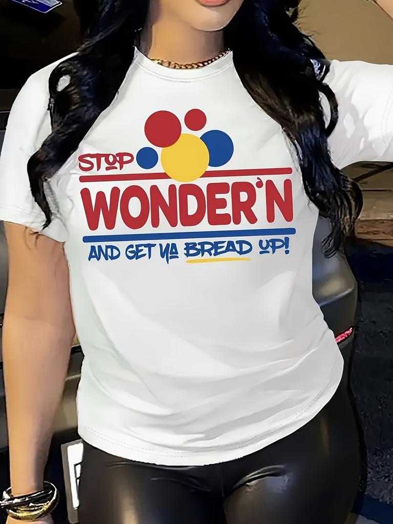 Europäische Größe T-Shirt mit Buchstabenaufdruck und Rundhalsausschnitt, Lässige lockere Kurzarm-Sommer-T-Shirts Oberteile, Damenbekleidung