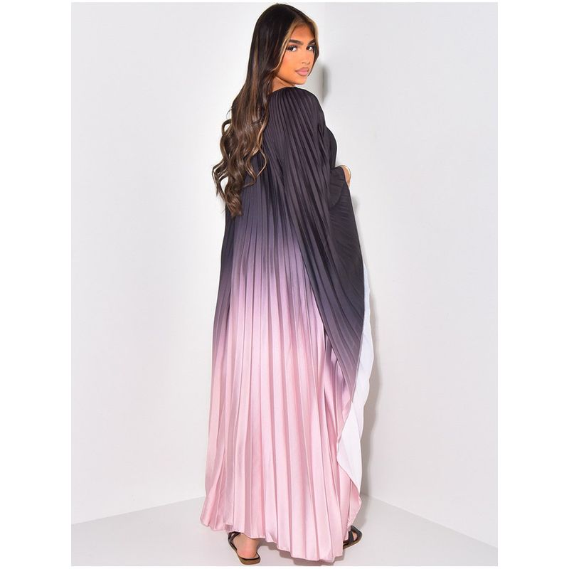Amazon European and American Middle East Batwing Sleeve Women Summer Fashion Gradient Pleat Print Long round Neck Dress Dress