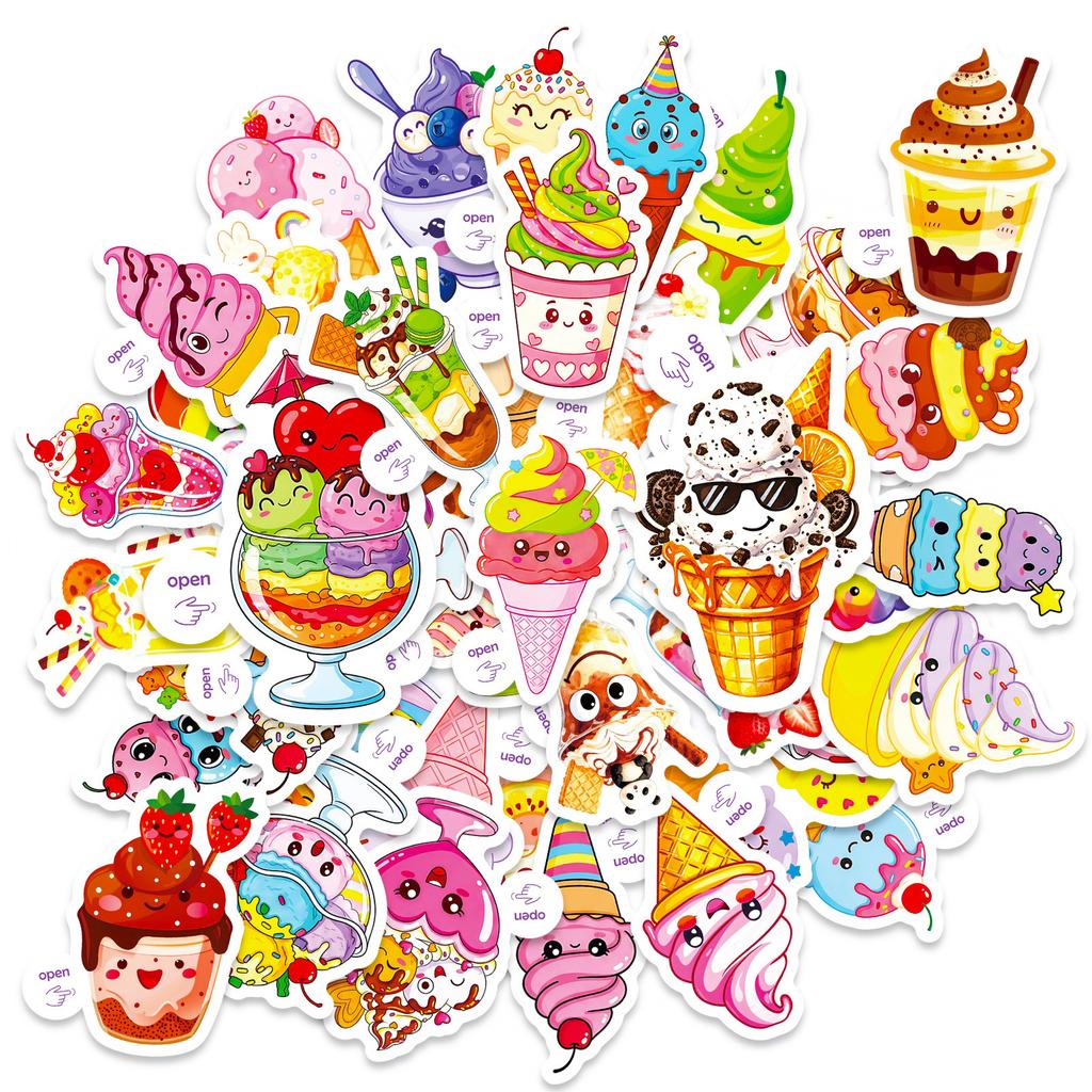 50 Cartoon Ice Cream Desserts Cute Expression Graffiti Stickers Easy To Tear Small Handle Suitable For Children Hand Stickers