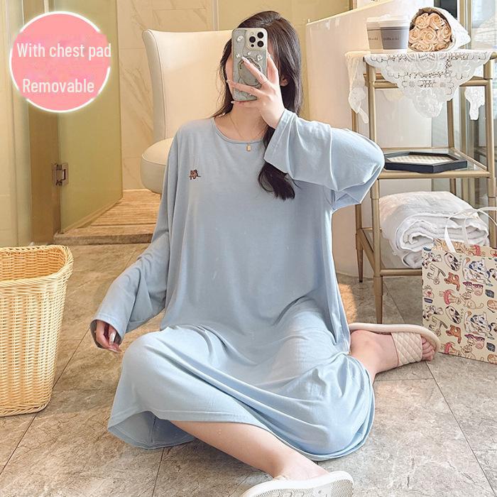 Modal Long-Sleeve Nightdress with Chest Pads for Plus-Size Women