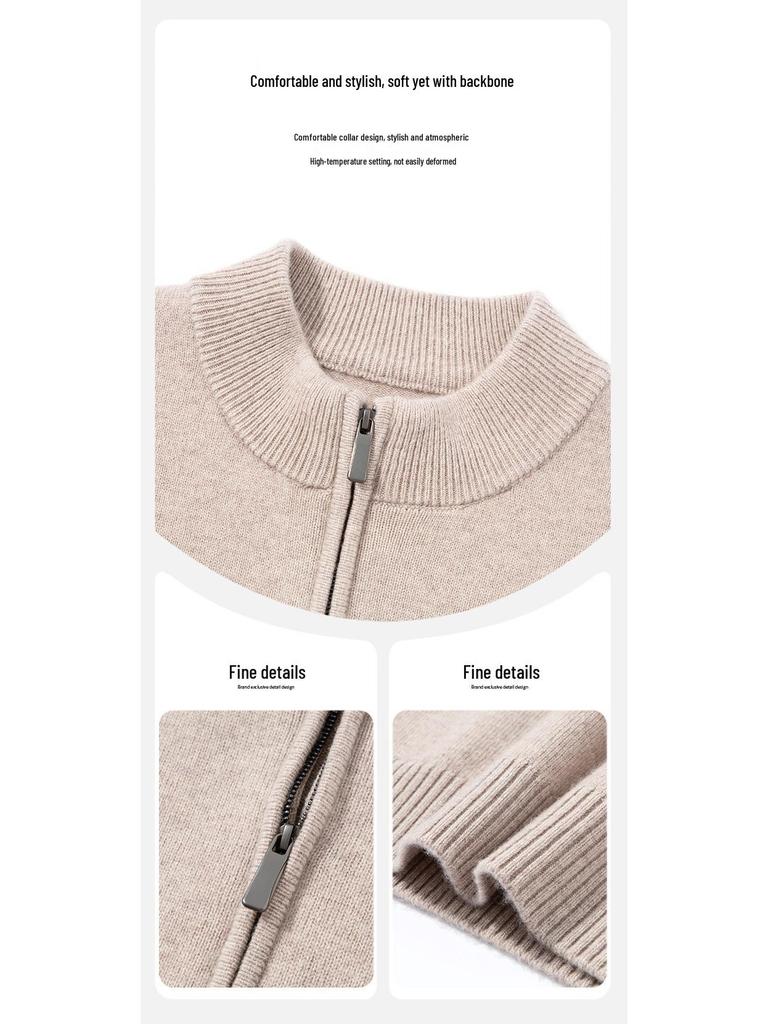 Men's Thickened 460g Cashmere Wool Sweater with Zipper, Half-High Collar, Warm Knitwear for Autumn/Winter.