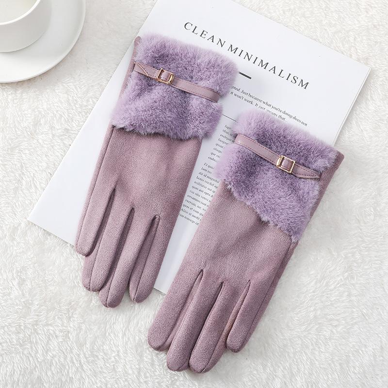 Suede Gloves Women's Autumn and Winter Mink Fur Belt Windproof and Velvet Warm Touch Screen Outdoor Electric Vehicle Riding Gloves