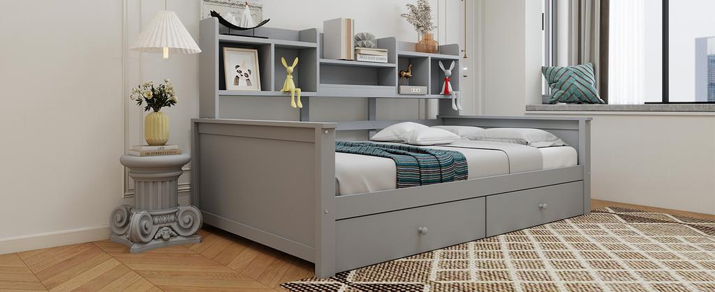Schlafsofa 90x200, Schubladen und Regale, Lattenrost, Kinderbett, Jugendbett, Einzelbett, Massivholzbett Grau