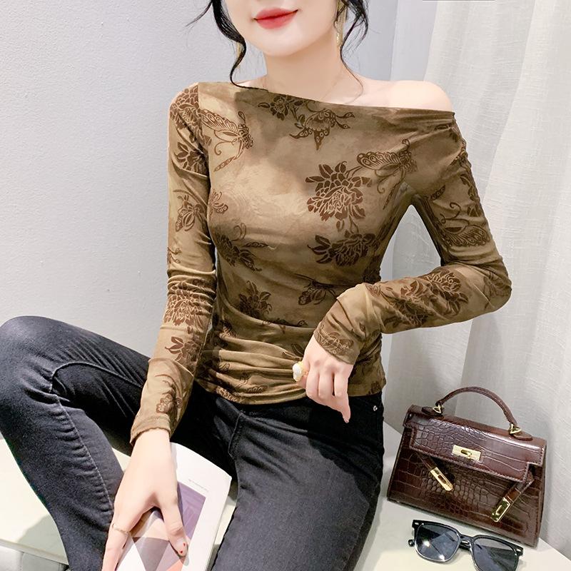 Winter Sexy One-length Mesh Base Shirt for Women's Fashionable Irregular Printed Top Tight Long-sleeved T-shirt