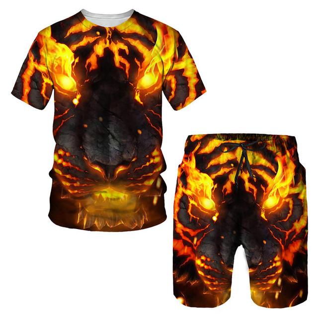Tricou/costumul cu imprimeu 3D The Tiger, cu mâneci scurte, cu gâtul O, pantaloni de plajă pentru bărbați, set de 2 bucăți, îmbrăcăminte sport pentru cuplu, pantaloni scurți de înot