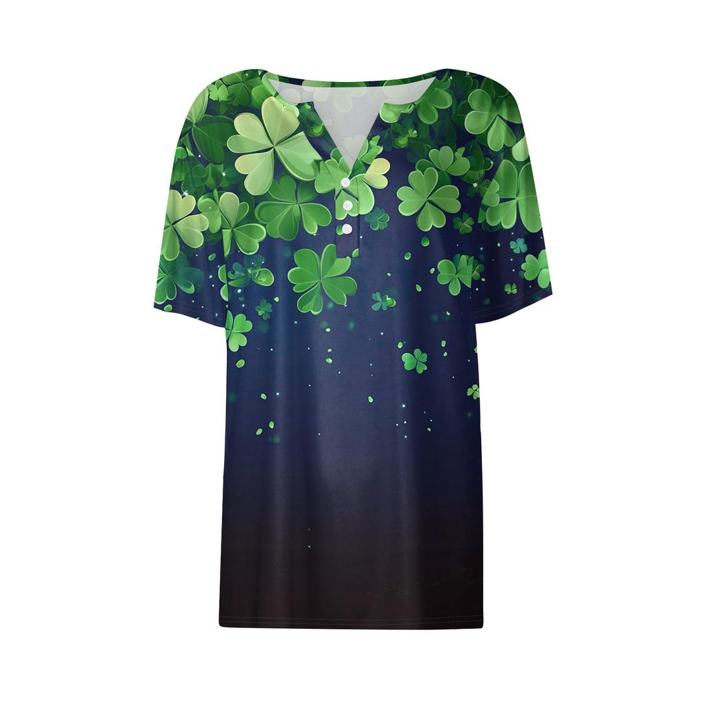 Damen T-Shirt Tee Print Knopf Kurzarm Täglich Wochenende Mode Basic V-Ausschnitt Reguläres Oberteil St. Patrick's Day