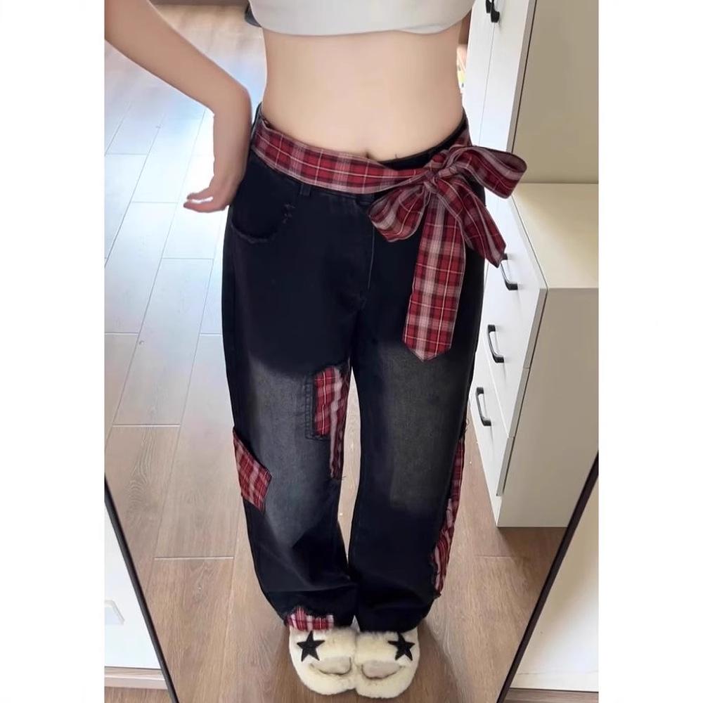 Women's High Waist Red Plaid Patchwork Wide Leg Jeans - Retro Loose Slimming Mop Pants for Spring/Summer