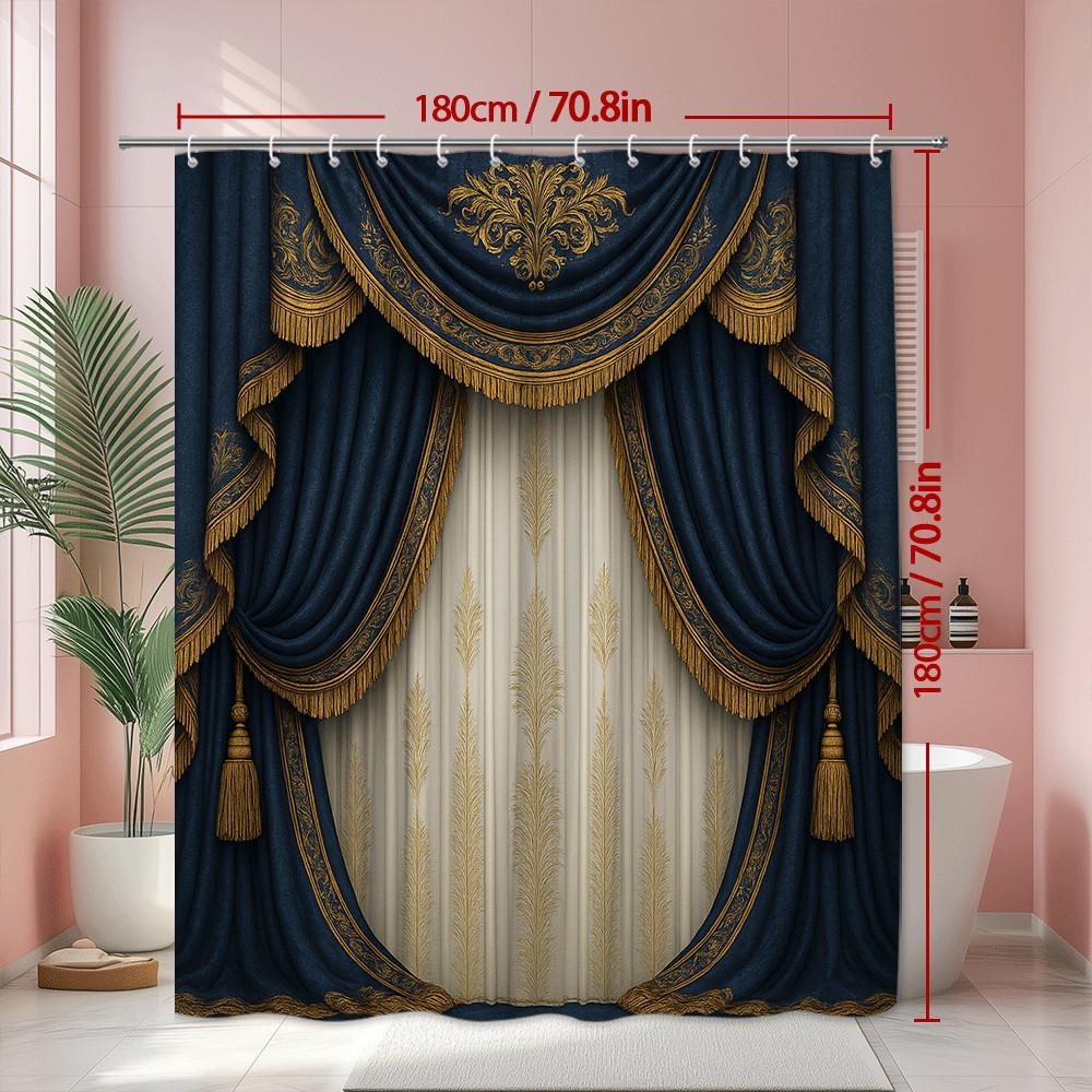 Royal Blue Gold Embroidered Theater Shower Curtain Machine Washable All Season Waterproof Privacy Protection Design Elegant