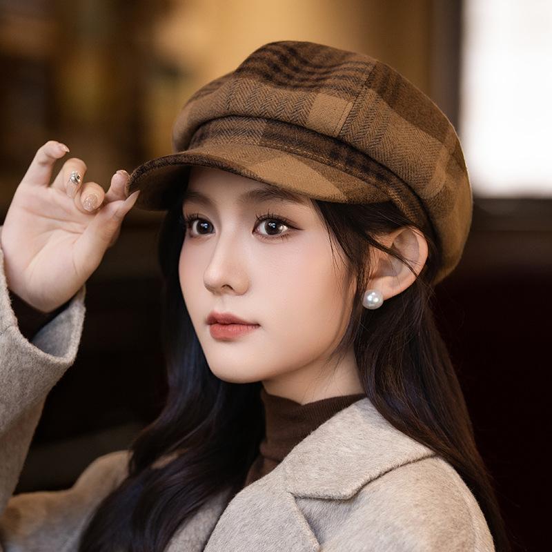British Style Retro Plaid Bere Hat for Women In Autumn and Winter New Casual Versatile Painter Hat Windproof Warm Newspaper Boy Hat