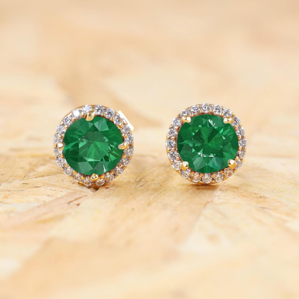 Green Round lab crown Emerald stud earrings for women, Gold earrings for her, Gemstone earrings, minimalist earrings, Round stud earrings