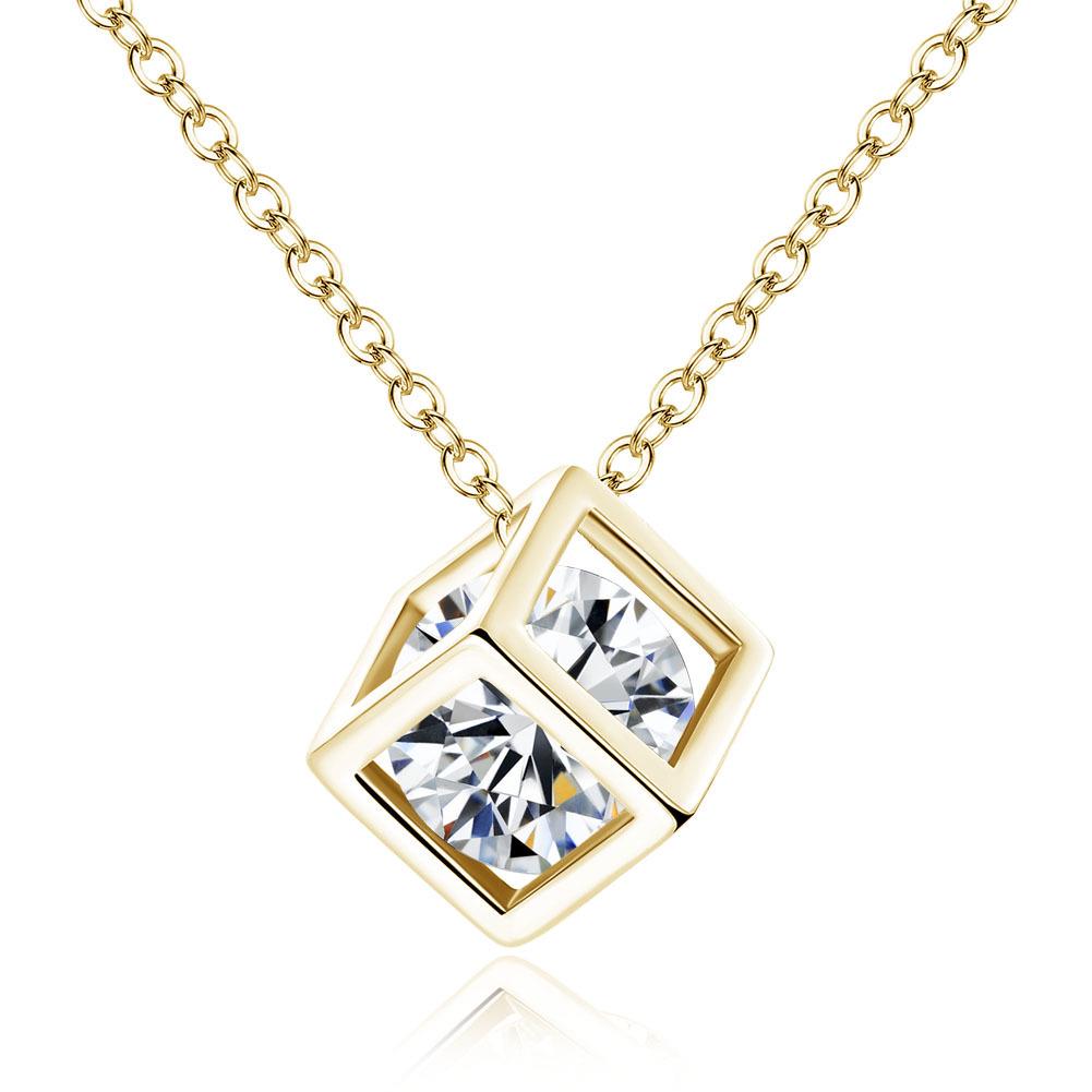 stainless steel Yellow Gold Color Cube Stone Pendant Necklace Shining Pink Crystal Jewelry Amethyst Women's Trendy Necklace
