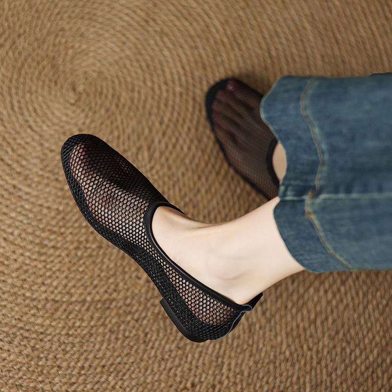 Fashion Women's New Genuine Leather Cowhide Spring and Summer Breathable Net, Low Heel Round Toe Oversized D Casual Single Shoe
