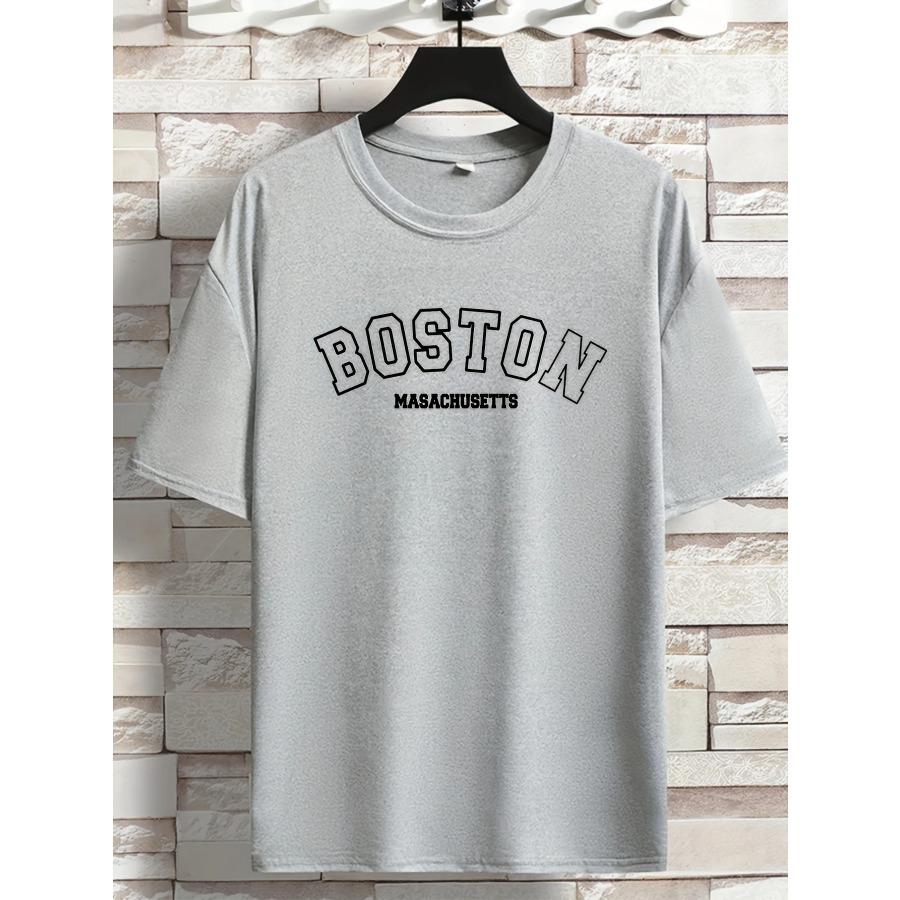 Men's Summer Loose Size 100% Cotton Trendy Boston Graphic Print Casual Fit Round Neck Short Sleeve T-shirt Top