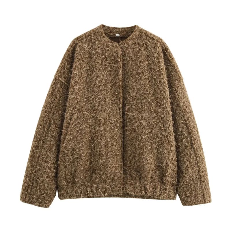 

25 Spring New Women s Clothing Fashion Style round Neck Long Sleeves Large Loose Pockets Single Breasted Short Jacket Khaki L